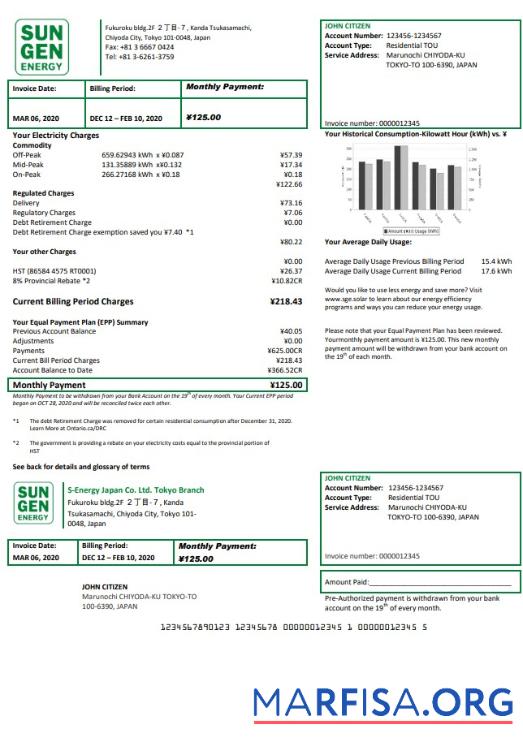 Blank Japan S Energy Japan Co. Ltd. Tokyo Branch utility bill template in Word and PDF format